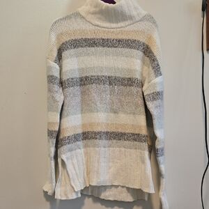 Eddie Bauer Cream and Gray Striped Turtleneck Sweater